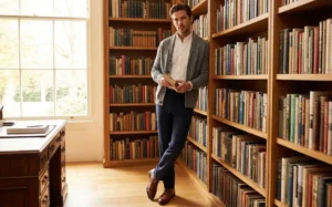 Man in a home office wearing a cardigan over an oxford shirt, demonstrating preppy smart attire.