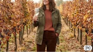 Nature-inspired winery fashion featuring olive, terracotta, and brown layered winter clothing.