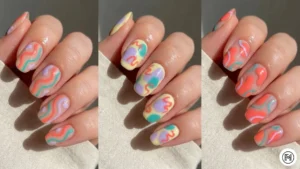 14 Abstract Spring A 3-way vertical split of contemporary abstract nail art with colorful squiggles and blocks in coral, teal, and lilac colors.