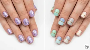 14Geometric LinesModern geometric nail art featuring thin metallic silver and gold lines on lavender and pastel backgrounds.
