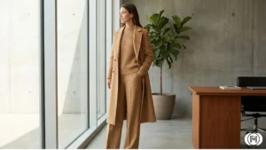 Elegant monochrome camel winter outfit with wool coat, knit sweater, and trousers in an office.