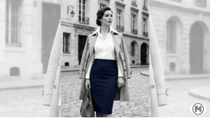 
Outfit 14: Executive style navy pencil skirt with a white blouse and classic beige trench coat.