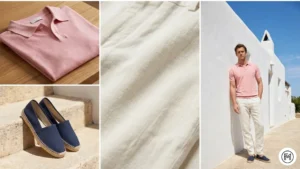 14	Polo + Linen Trousers	Men's breathable spring outfit featuring a pink polo and off-white linen trousers.
