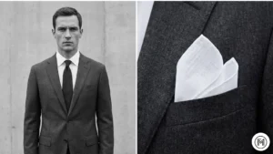 14. Charcoal Suit + White Pocket Square ALT Text: Two-panel image emphasizing the understated elegance of a charcoal grey suit with a simple white pocket square. 
