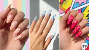 14. Swirly Acrylic Nails Alt Text: Eye-catching swirly acrylic nails designed with retro pastel twists, abstract blue lines, and vibrant red and pink patterns.