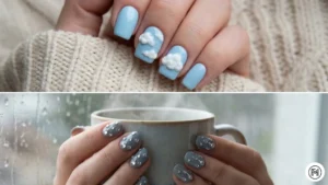 15 Spring Rain Cloud A 2-way horizontal split of light blue nails featuring 3D white clouds and sparkling silver gemstone raindrops.