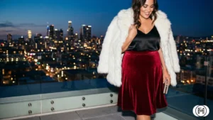Outfit 15: Glamorous ruby velvet midi skirt with a black satin camisole and faux fur coat.
