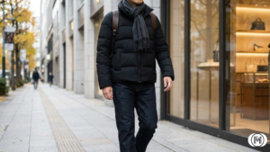 Elegant layering with a long tailored coat, black turtleneck, and pleated winter midi skirt.