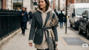  15. Experimental Layering Creative experimental layering technique with a blazer, hoodie, and oversized scarf for street style.