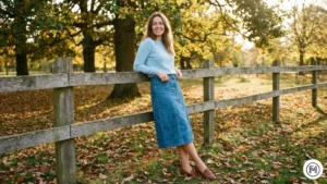 15 Denim Skirt & Sweater Casual feminine style showing a denim midi skirt paired with a sky-blue lightweight knit sweater.