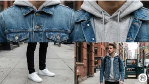 15	Denim Jacket + Hoodie	Layered spring street style with a blue denim jacket over a grey hoodie and black jeans.
