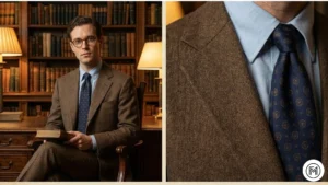 15. Brown Suit + Blue Shirt + Tie ALT Text: Collage showing an academic-inspired formal look with a brown suit paired with a light blue shirt and tie. 14. Charcoal Suit + White Pocket Square ALT Text: Two-panel image emphasizing the understated elegance of a charcoal grey suit with a simple white pocket square. 