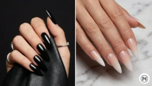 15. Stiletto Acrylic Nails Alt Text: Dramatic and long stiletto acrylic nails featuring a sleek glossy black finish and a fierce nude to white ombre fade.