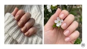 15. Polished Nude Nails Alt Text: Classic polished nude short nails featuring highly glossy warm beige and sheer pale pink manicures for a low-maintenance loo