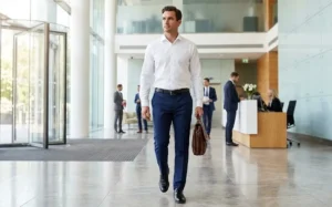 Man walking in an office lobby wearing a white button-down shirt and navy trousers for a business casual look.