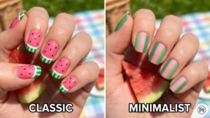 16 Watermelon Nails A 2-way split of fun watermelon-themed nails with pink centers, black seeds, and vibrant green rind tips.