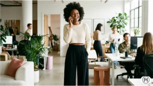 Cream cropped knit sweater paired with high-waisted black trousers for a trendy winter office style.
