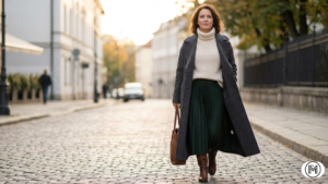 Luxury winter resort style with a beige shearling jacket and structured cream trousers.