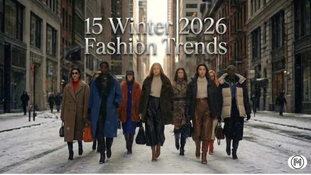Professional blog banner showing " 15 Winter 2026 Fashion Trends " with stylish models on a snowy city street.
