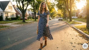 16 Wrap Dress & Boots Spring date night outfit featuring a daisy print wrap dress and brown suede ankle boots.