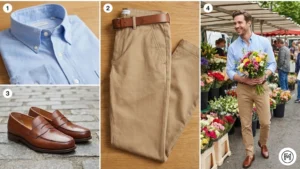 16	Blue Button-Down + Chinos	Fresh spring outfit with a light blue button-down shirt and tan chinos for men.
