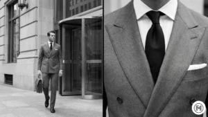 16. Grey Double Breasted Suit + Black Tie ALT Text: Split-screen view of a sharp grey double-breasted suit paired with a formal black tie. 