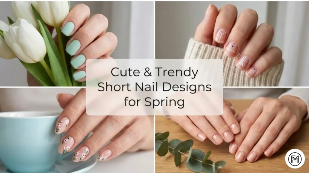 Cute and trendy short nail designs for spring, featuring a collage of mint green pastel nails, minimalist negative space, dainty floral art, and polished classic nude nails.
