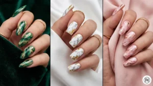 17 Marble & Gold Leaf A 3-way split of sophisticated emerald and rose marble nails accented with chunky gold leaf and metallic flakes.