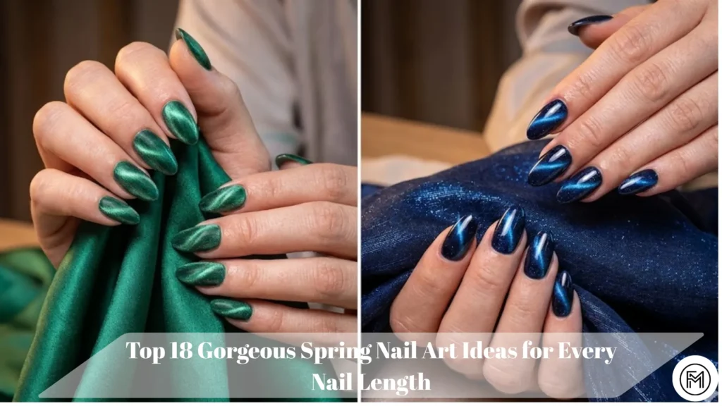 Top 18 spring nail art trends 2026 collage featuring pastel florals, magnetic cat-eye, and iridescent chrome designs on different nail lengths.