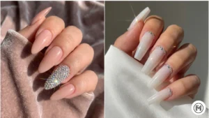 17. Swarovski Crystal Acrylic Nails Alt Text: Glamorous Swarovski crystal acrylic nails featuring sparkling crystal encrusted accents on nude and long coffin bases.