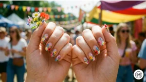 Alt Text: Playful colorful flower tips on acrylic nails replacing the traditional French manicure.