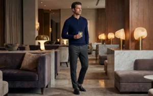 Man standing in a hotel lobby wearing a navy knit polo and grey trousers, showcasing modern smart fashion.