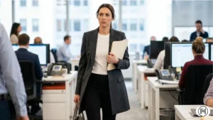 Soft grey knit skirt and sweater set paired with a structured black coat for office wear.