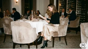 Outfit 18: Elegant evening look featuring a champagne satin midi skirt and black knit top.

