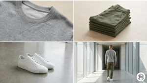18	Grey Crewneck + Olive Chinos	Minimalist men's spring fashion with a grey crewneck sweater and olive green chinos.

