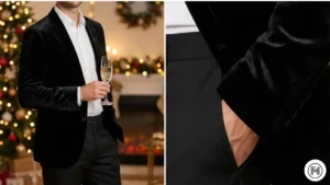 18. Black Velvet Blazer + Black Pants ALT Text: Two-panel image highlighting a festive black velvet blazer paired with black trousers for evening events. 