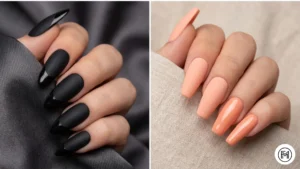 18. Matte and Glossy Combo Acrylic Nails Alt Text: Trendy combination of matte and glossy acrylic nails showcasing textural contrasts in sleek black and soft peach finishes.
