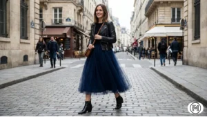 
Outfit 19: Fashion-forward navy tulle midi skirt styled with a black leather biker jacket.
