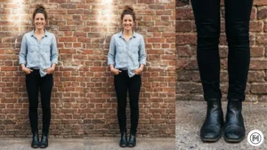 19 Chambray & Black Jeans Timeless spring combination of a light-wash chambray shirt and black skinny jeans with leather boots.
