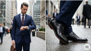 19. Navy Suit + Striped Tie + Oxford Shoes ALT Text: Collage of classic corporate attire featuring a navy suit, striped tie, and black oxford shoes. 