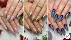 19. Glitter Gradient Acrylic Nails Alt Text: Magical glitter gradient acrylic nails fading beautifully from silver, gold, and holographic glitter on neutral and navy bases.