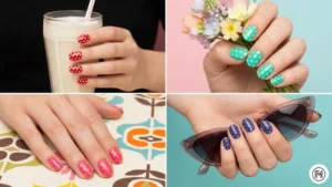 19 Polka Dots A 4-way grid of playful polka dot nail art on bright turquoise, pink, yellow, and purple backgrounds.