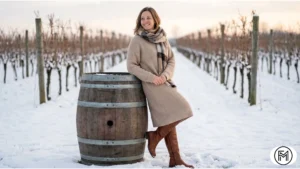 Woman wearing a beige knit midi dress and tan knee-high boots standing by a winery barrel.