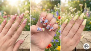 Alt Text: Close-up of floral acrylic nail art featuring hand-painted roses and wildflowers on a nude base.