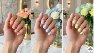 2Soft Aura OmbreCollage of short nails featuring soft aura ombre designs in peach, lavender, and mint pastel tones.