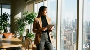 Woman wearing grey tailored wool trousers, black turtleneck, and camel blazer standing in a modern office.