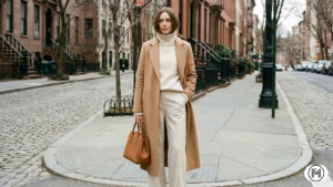 Woman wearing a classic camel wool coat and cream cashmere turtleneck sweater for a luxury winter look.