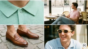 2	Pastel Polo + Jeans	Man in mint green pastel polo shirt and slim-fit light blue jeans at an outdoor cafe.
