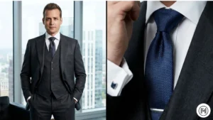 2. Charcoal Three Piece Suit + Silk Tie ALT Text: Split-screen view of a professional charcoal grey three-piece suit featuring a vest and silk tie detail. 
