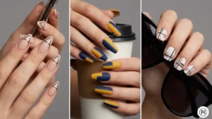 2. Bold Geometric Acrylic Nails Alt Text: Bold geometric acrylic nail designs featuring crisp lines, color-blocked squares, and abstract modern patterns.